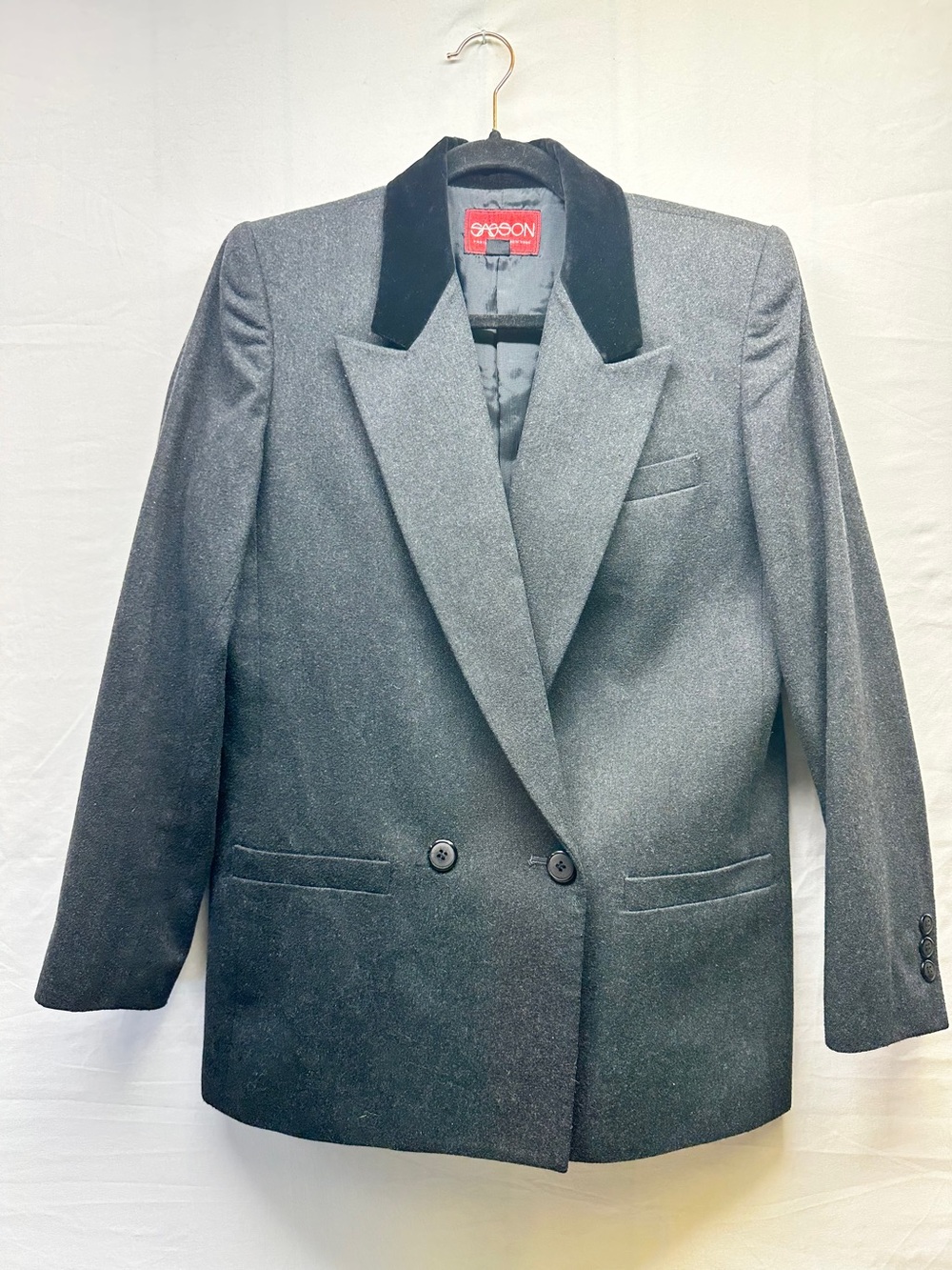 Vintage Sasson Black Velvet Collar Charcoal Wool Double-Breasted Blazer